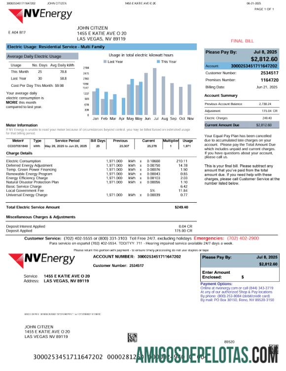 realista Modelo de fatura de serviços públicos de energia USA NV em formatos Word e PDF, versão 2